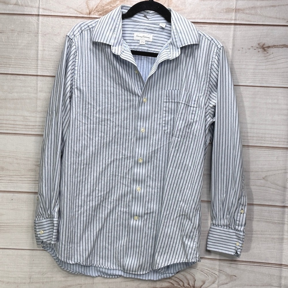 Tommy Bahama Mens Blue White Striped Herringbone Button Down Shirt 15.5 32/33